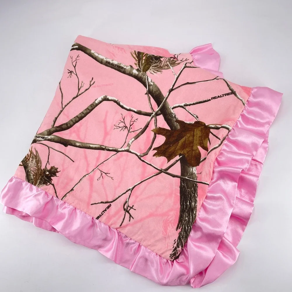 Carstens Realtree AP Pink Camo Baby Blanket Satin Ruffle Trim Fleece 30x30